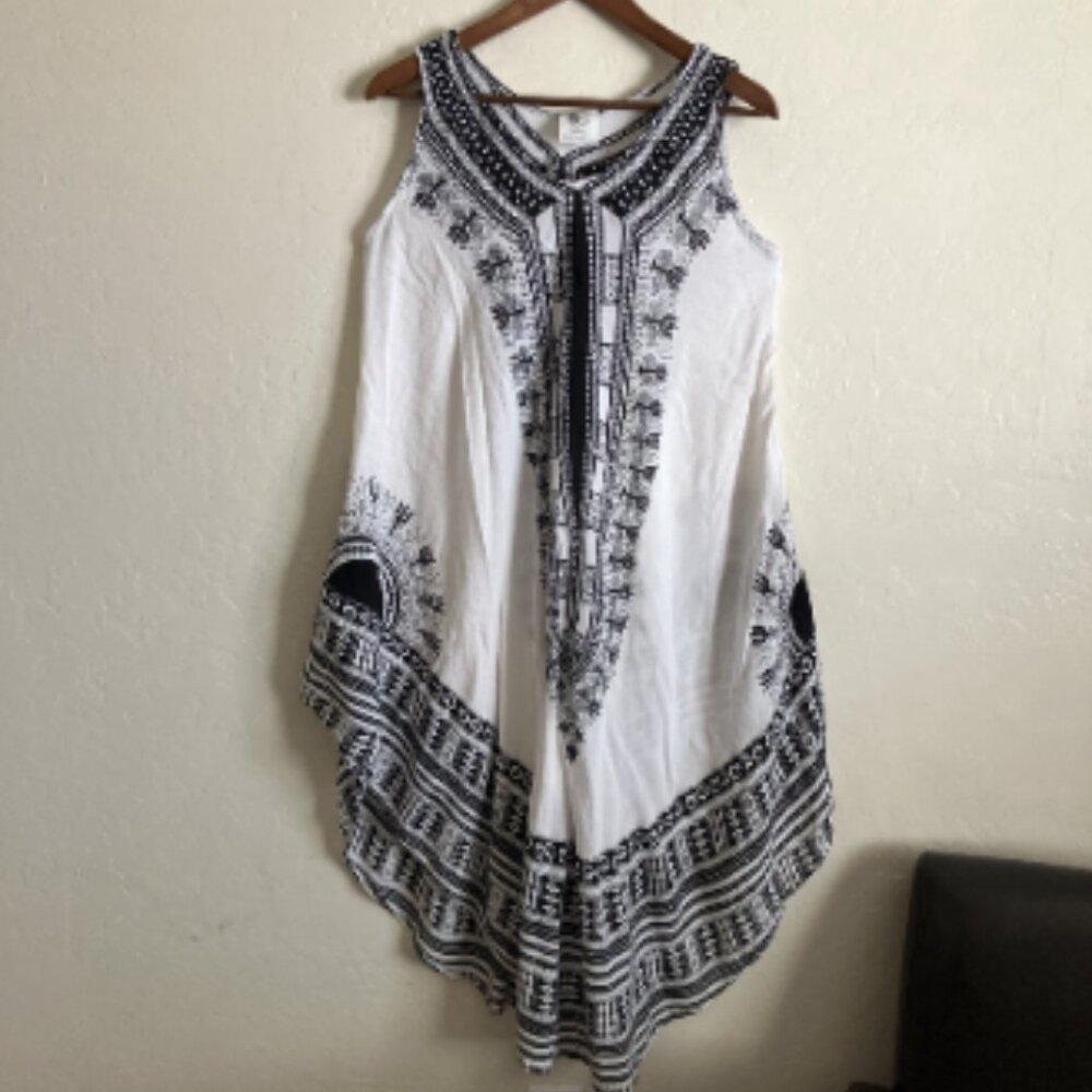 Hawaiian Dress Black White Sleeveless Beach Midi Flowy BOHO Pullover One Size